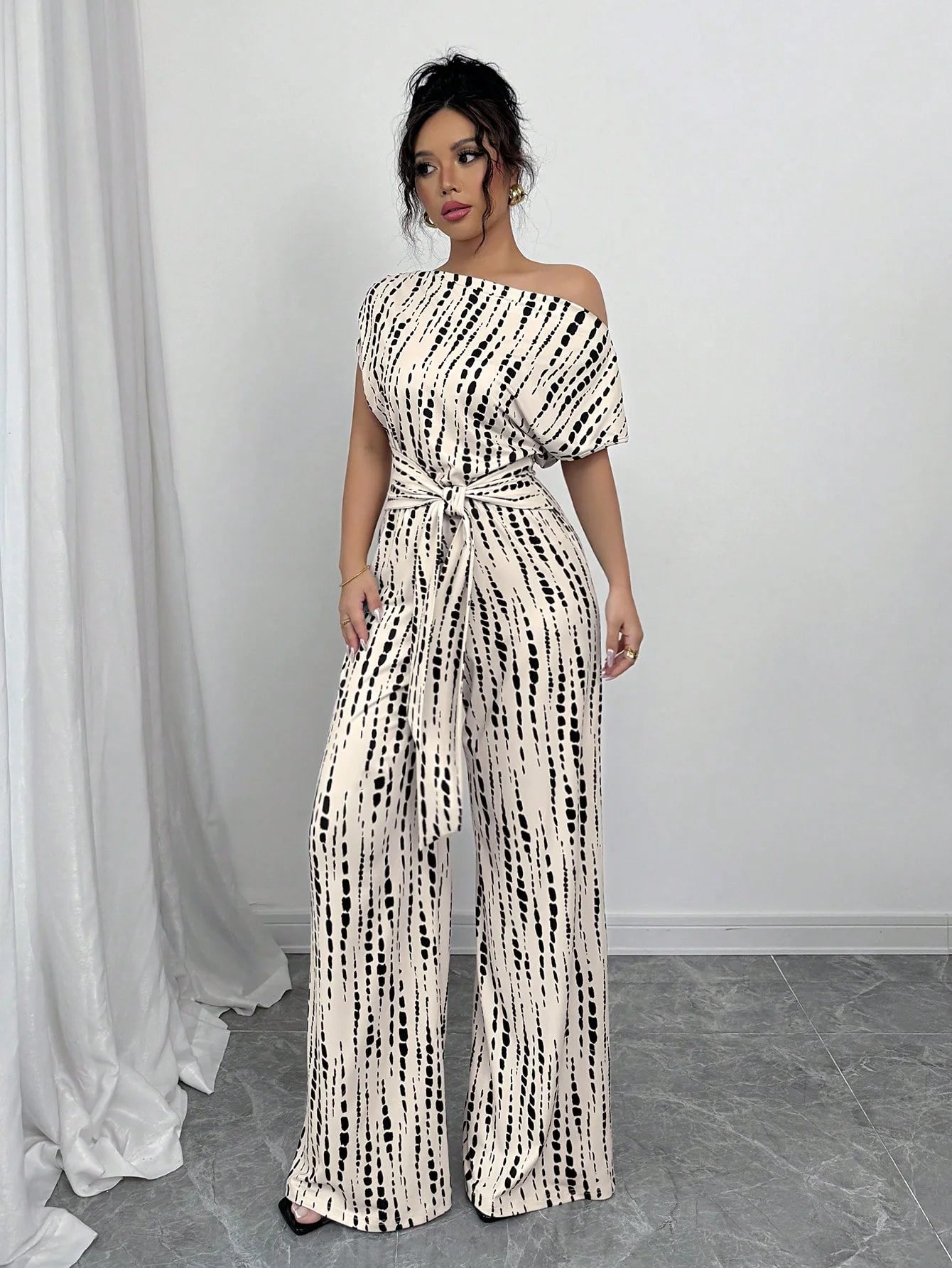 Striped Asymmetric Strap Wide-Leg Jumpsuit – Women's Summer Vacation Outfit