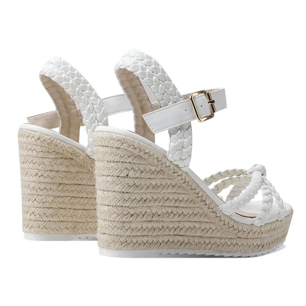 GIGIFOX Straw Woven Wedge Sandals for Women High Platform Buckle Strap Round Toe Boho