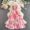 Pink & Purple Floral Midi Dress - Retro Romantic A-Line Spaghetti Strap High-Waist Beach Vacation Dress