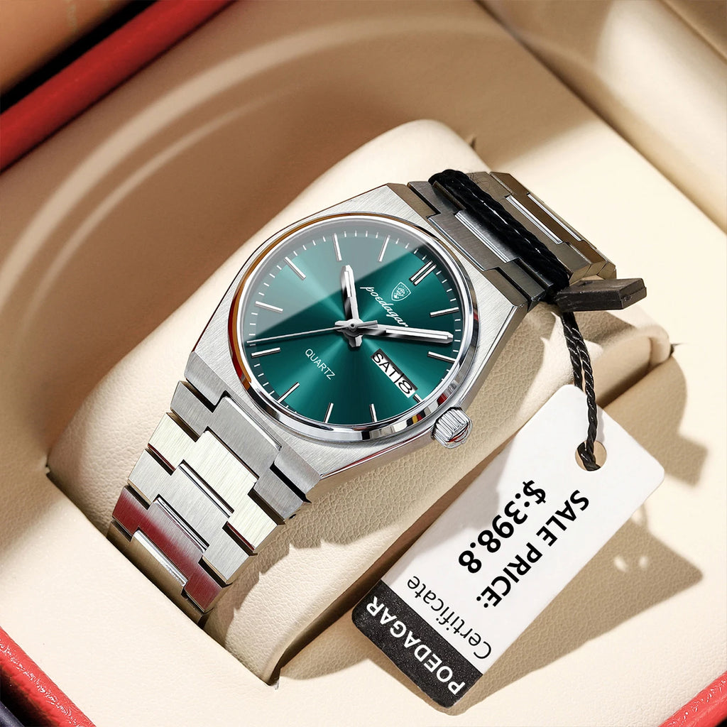 POEDAGAR Women's 35mm Stainless Steel Quartz Watch – Waterproof 3ATM, Luminous Hands, Date & Week Display