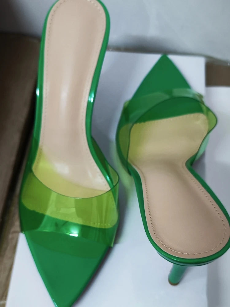 Transparent Pointed Stiletto Mules - Women's Clear High Heel Slip-On Sandals, 3.1 in (8 cm)