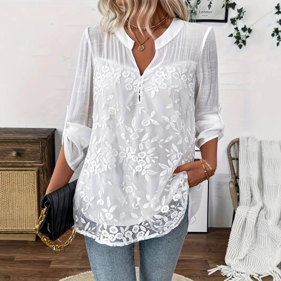 Women's White Lace V-Neck Pullover Top Hollow-Out Casual Loose Blouse for Office & Summer