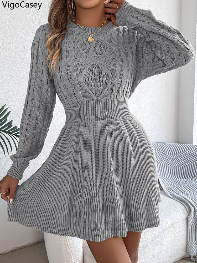 VigoCasey Grey O-Neck Knit Bodycon Dress Long Sleeve Casual Autumn Winter Women