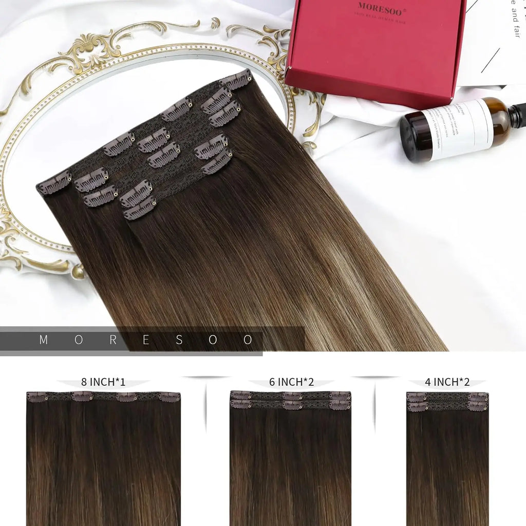 Moresoo Brazilian Remy Clip-In Human Hair Extensions – Straight 5PC or 7PC Set, 10–24 in (25–61 cm)