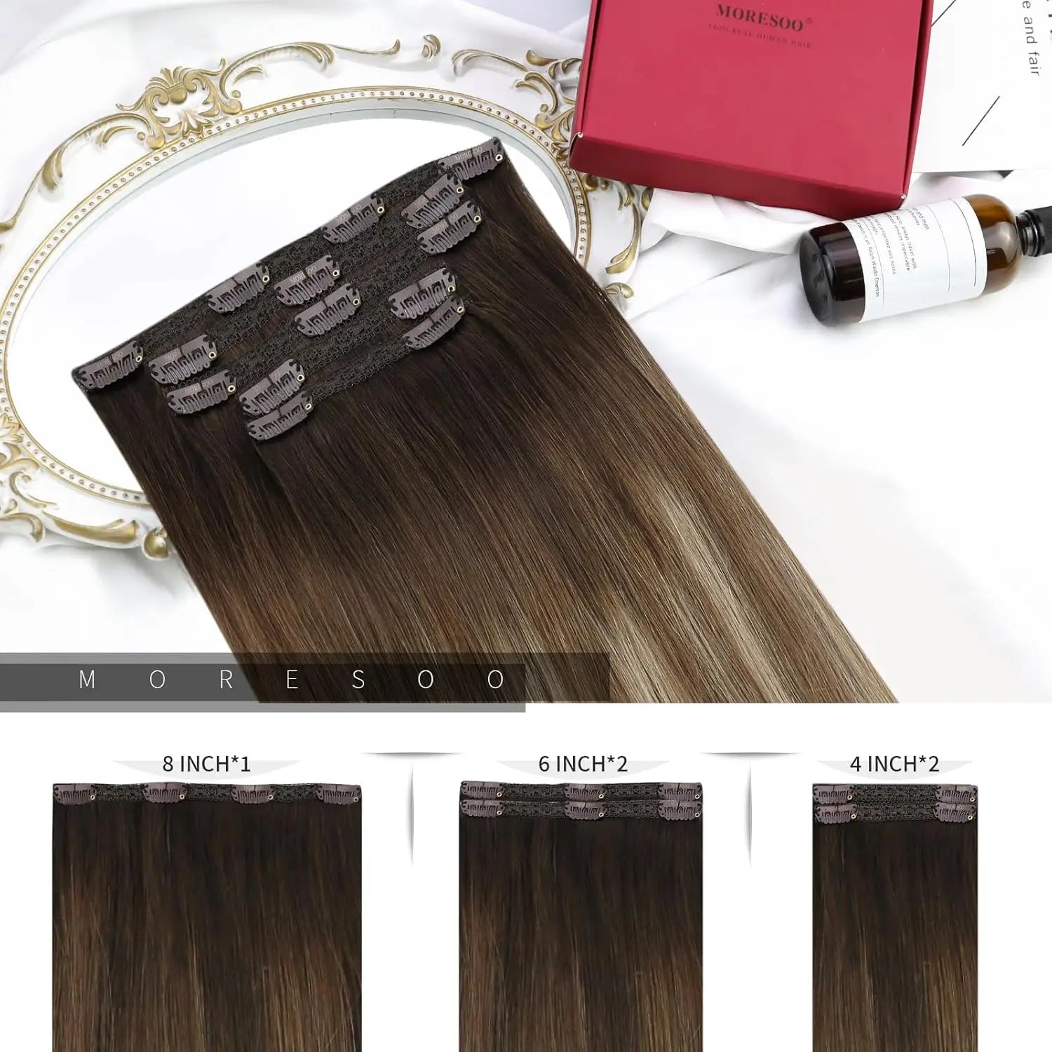 Moresoo Brazilian Remy Clip-In Human Hair Extensions – Straight 5PC or 7PC Set, 10–24 in (25–61 cm)