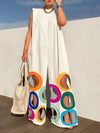 Women's Rainbow Hollow Wide-Leg Jumpsuit Sleeveless Loose Summer Overalls with Shoulder Pads