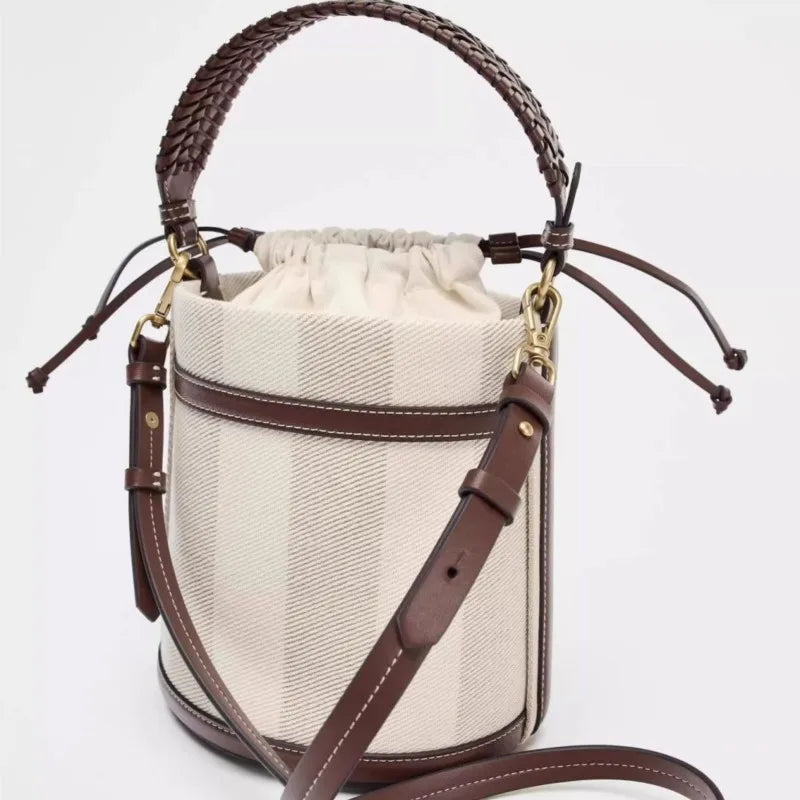 Small Woven Drawstring Bucket Bag for Women - Retro Stitching Shoulder & Crossbody Bag