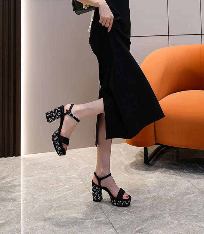 Women's Sequin Rhinestone Crystal High-Heel Pumps – Bling Wedding & Party Square-Heel Dress Shoes