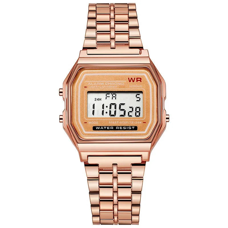 Luxury Rose Gold Digital LED Watch for Women & Men – Retro Rectangle Stainless Steel Band, 3ATM Water Resistant
