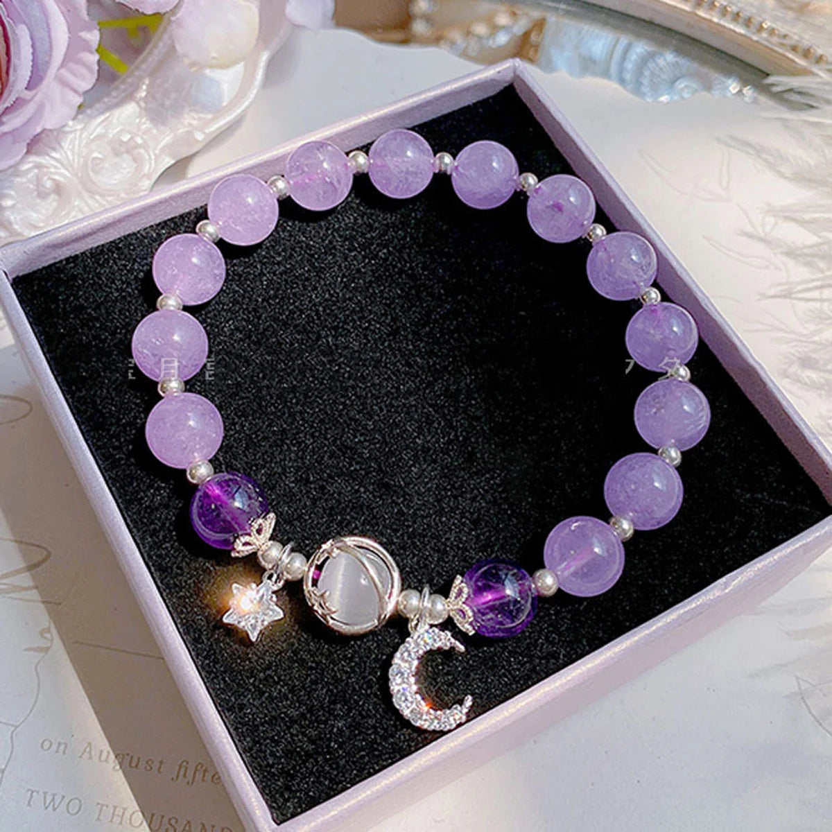 Starry Cat Eye Stone Bracelet for Women, Grey Moonlight Star & Moon Crystal, Silver-Plated Copper