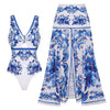 Women's Long Sleeve Majolica Print Bikini Set with High-Waist Skirt - Wire-Free Padded Beach Swimsuit