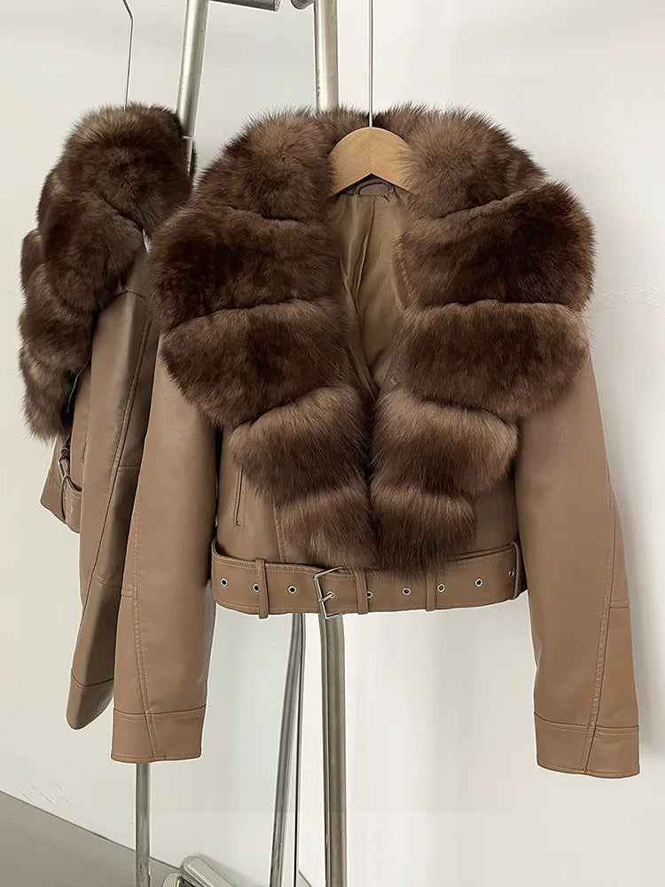 ZMEENNA Women's Faux Leather Moto Jacket with Detachable Faux Fur Collar - Short Warm Winter Coat