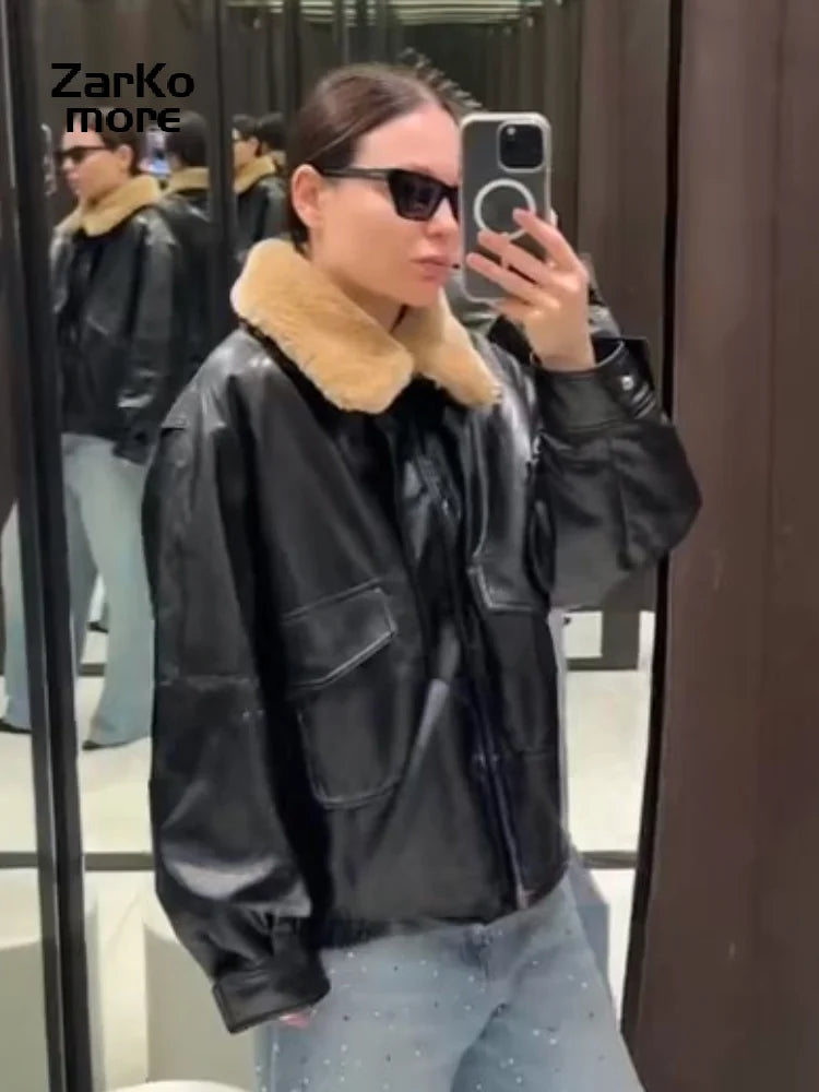 Women's Faux Fur Collar Padded Leather Jacket with Zipper Pockets - Warm Winter Coat