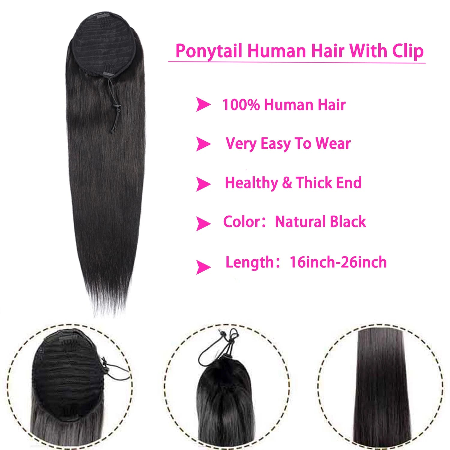 Remy Straight Clip-In Drawstring Ponytail Hair Extension 10–26 in (25–66 cm) 100 g Natural Color