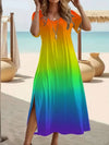 Plus Size V-Neck Butterfly Print Dress - Short Sleeve Split Hem Summer Beach Dress