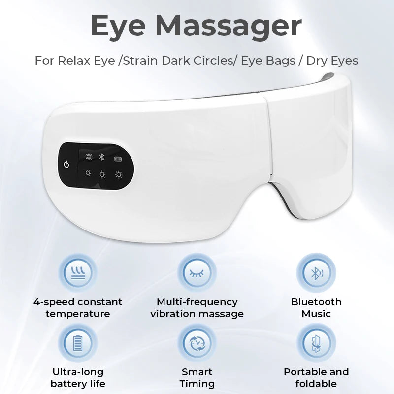 Bluetooth Heated Eye Massager with Vibration & Airbag Compression — Foldable Rechargeable Eye Spa with Music, 4 Modes