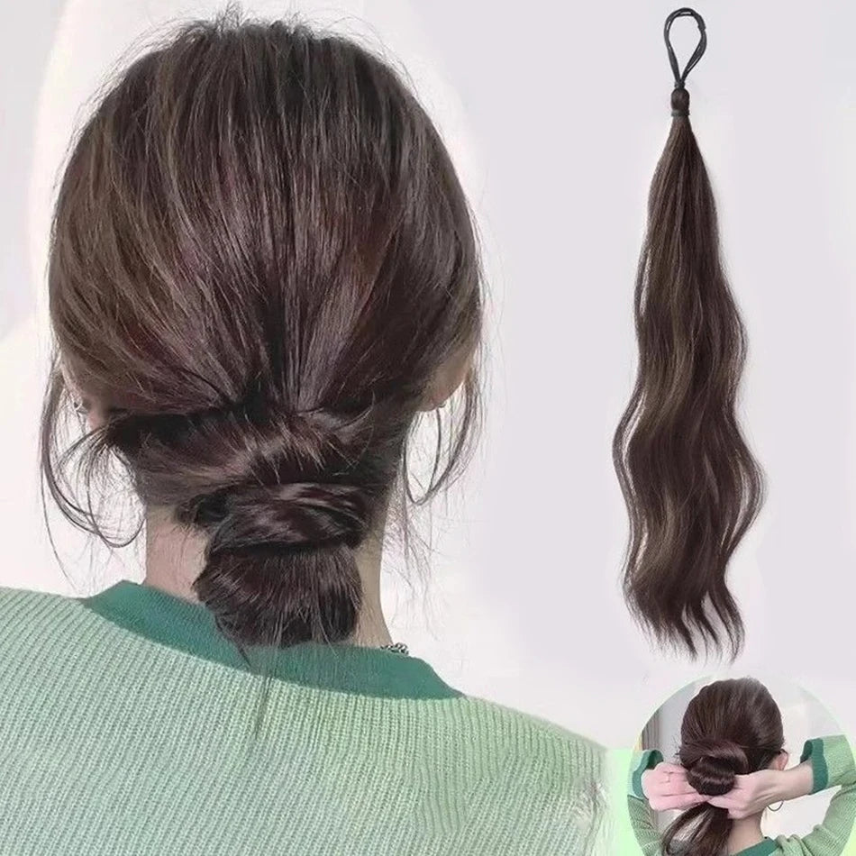 Long Wavy Synthetic Ponytail Extension 40cm (≈16 in) - Self-Winding Braided Wrap with Elastic Band