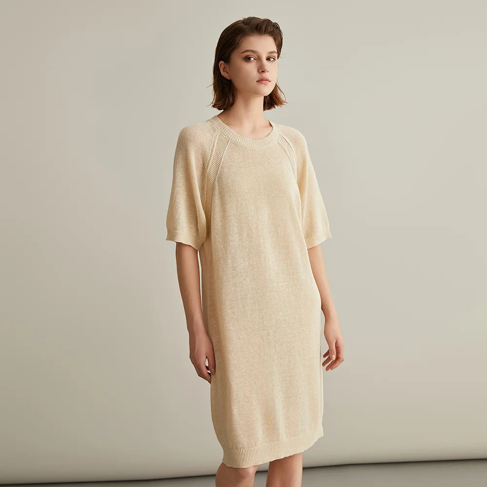 Luxury Women's Summer Linen Knit Dress – 100% Linen Loose Knee-Length O-Neck Casual Dress