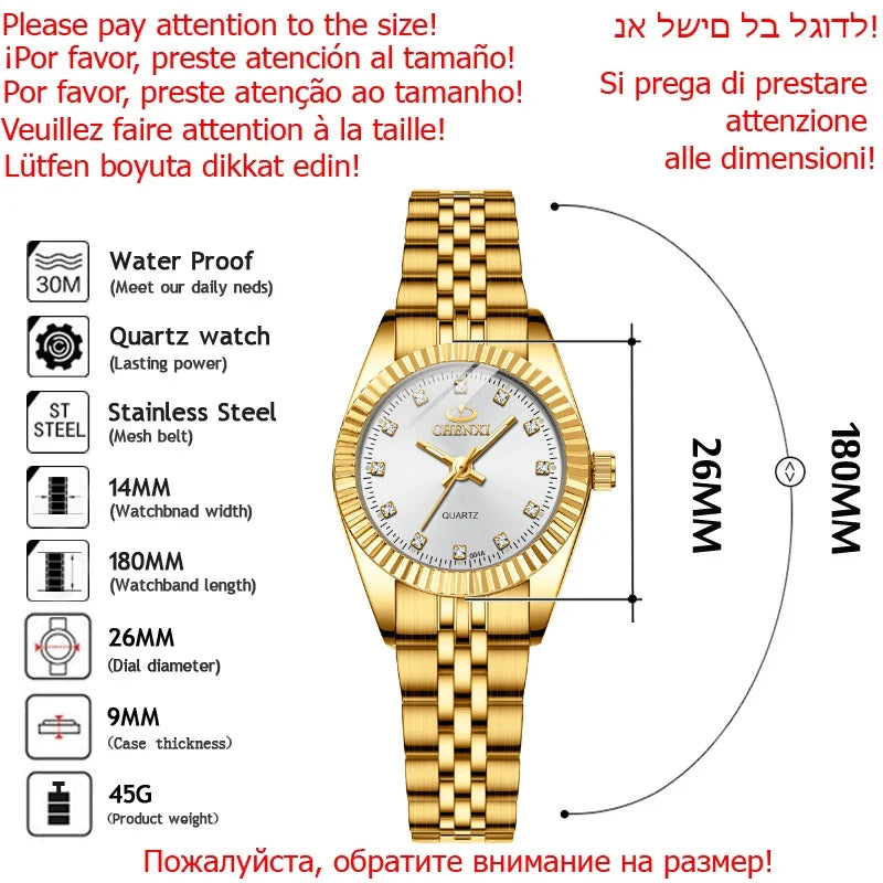 CHENXI Women's Gold Stainless Steel Quartz Watch – Small 26mm (1.02 in) Round Dial Dress Bracelet Wristwatch