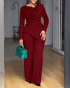 Women's Swing Collar Ruched Jumpsuit Long Sleeve Asymmetric Hem High-Waist Office Romper