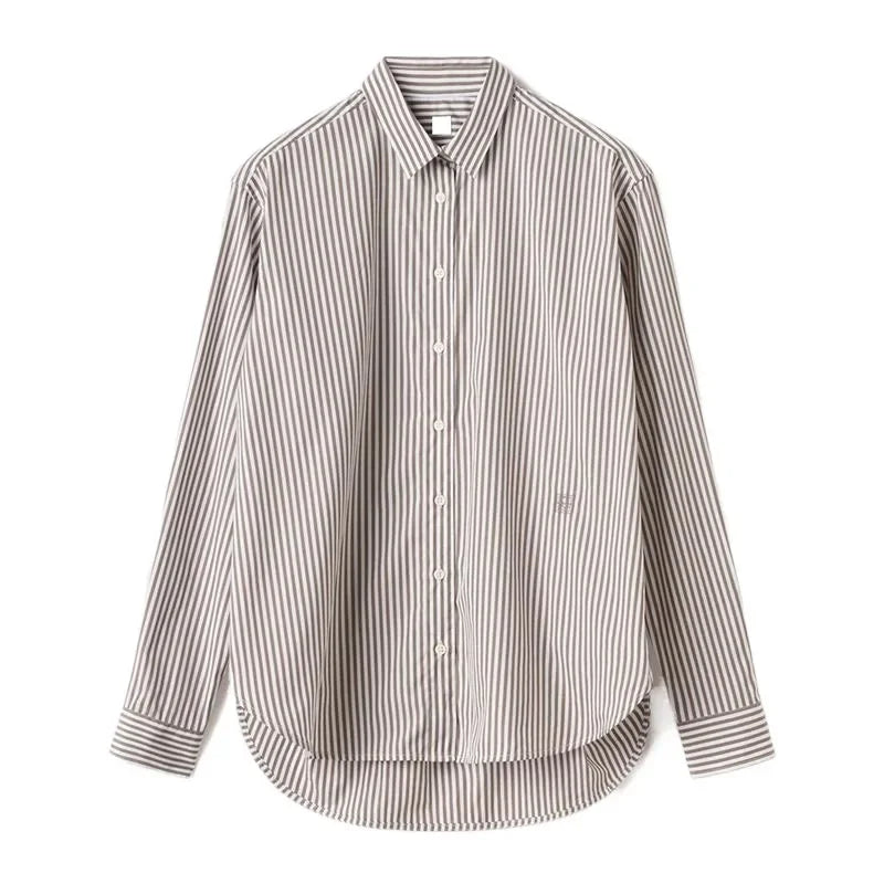 Women's Vertical Striped Shirt - Loose Long-Sleeve Button-Up Blouse with Asymmetric Hem, Office Commuter Style