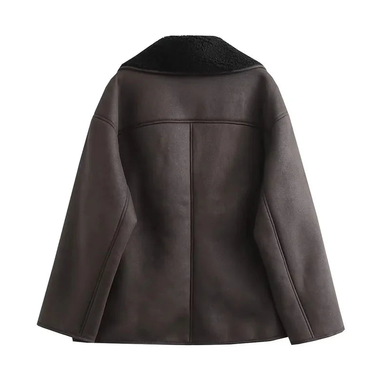 Faux Leather Jacket for Women Plush-Lined Single-Breasted Autumn Winter Warm Coat