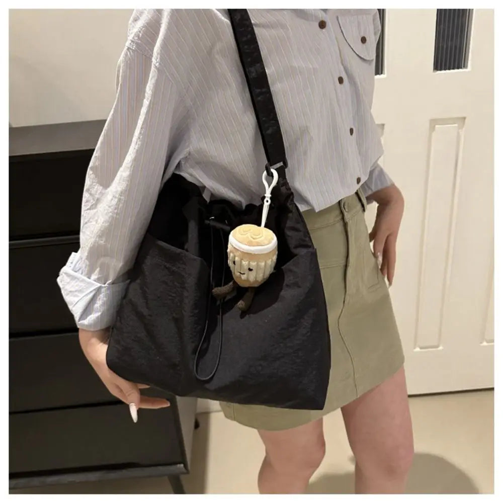 Women's Waterproof Nylon Drawstring Tote Bag – Large Bucket Crossbody Shoulder Bag 38×31×9 cm (14.96×12.20×3.54 in)