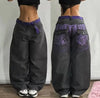 Women's Blue Washed Baggy Wide-Leg Jeans Mid-Rise Harajuku Hip Hop Casual
