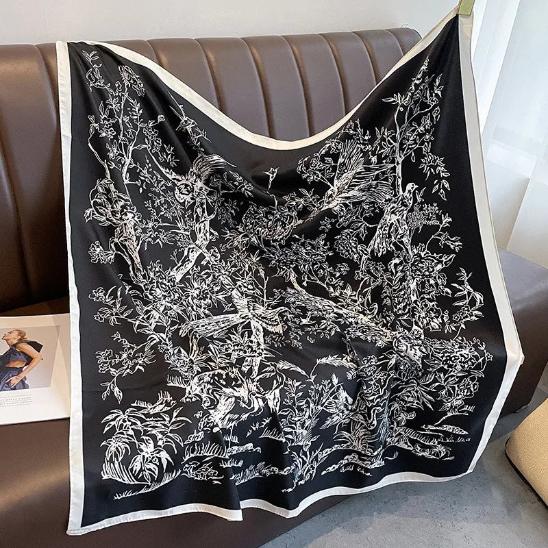 90 x 90 cm (35 x 35 in) Twill Silk-Feel Square Scarf – Women’s Luxury Tree Print Head Scarf, Shawl, Hijab, Bandana