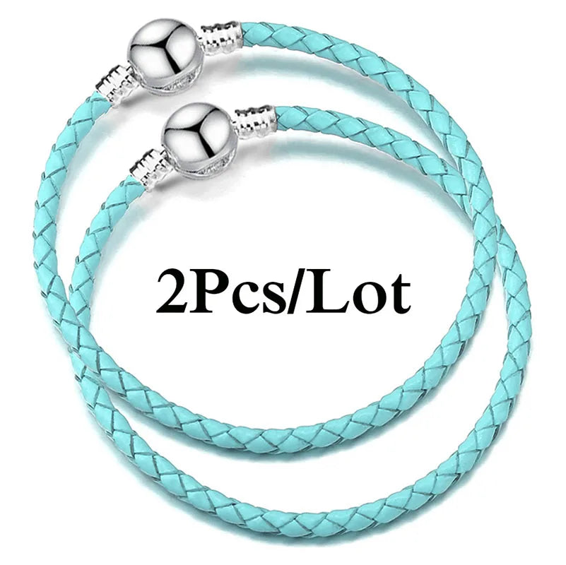 2-Pack Leather Chain Charm Bracelets with Beads – Handmade Couples Pulsera Jewelry (Unisex)