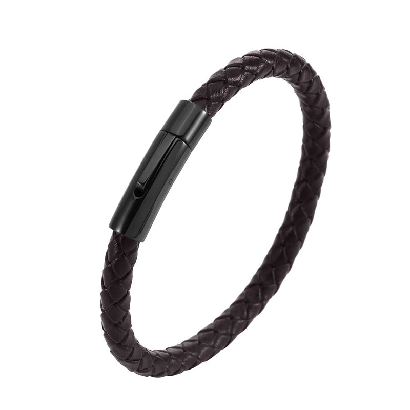 Unisex Braided PU Leather Bracelet with Stainless Steel Clasp - Trendy Geometric Bangle Gift for Men & Women