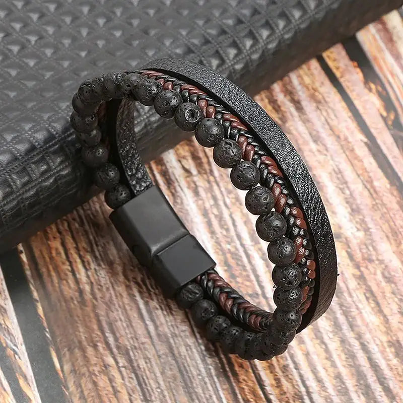 Men's Multi-Layer Woven Leather Bracelet with Alloy Magnetic Buckle - Punk Style, 19/21/23 cm (7.5/8.3/9.1 in)