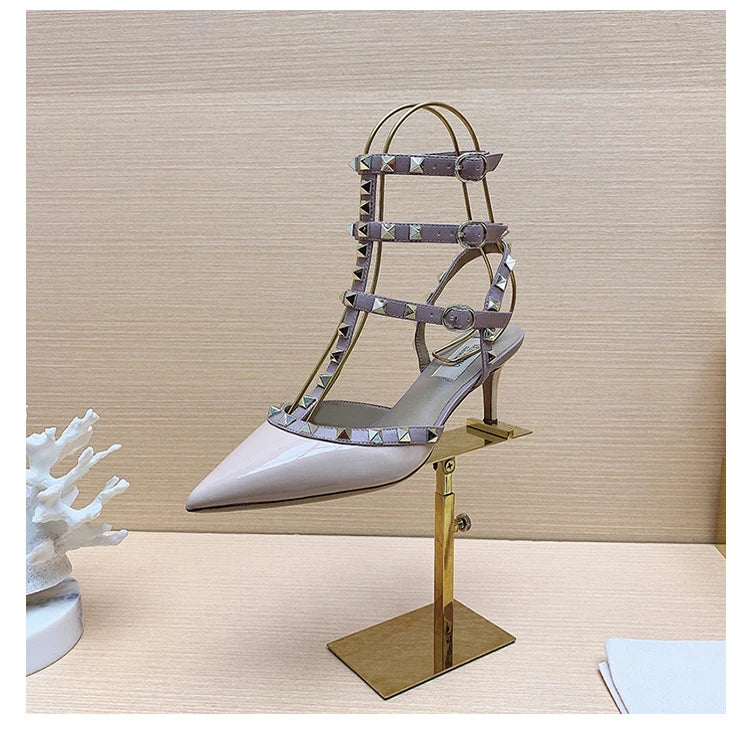 Women's Gladiator High-Heel Sandals - Black Patent Leather 3-Strap Ankle Strap Rivet Designer Heels