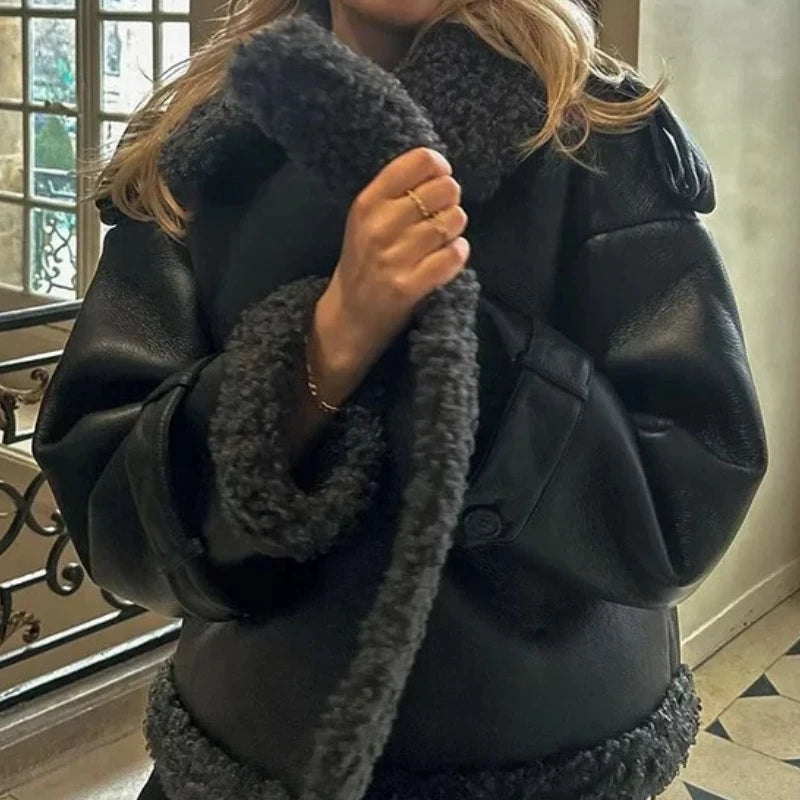 Women's Faux Fur Lined Faux Leather Long Coat – Lapel Belted Patchwork Winter Jacket