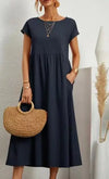 Women's Cotton-Linen Maxi Dress, Short Sleeve O-Neck Loose Sundress with Pockets, Vintage Harajuku Y2K