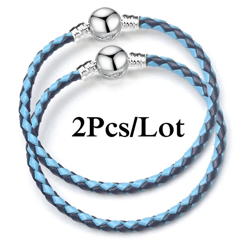 2-Pack Leather Chain Charm Bracelets with Beads – Handmade Couples Pulsera Jewelry (Unisex)