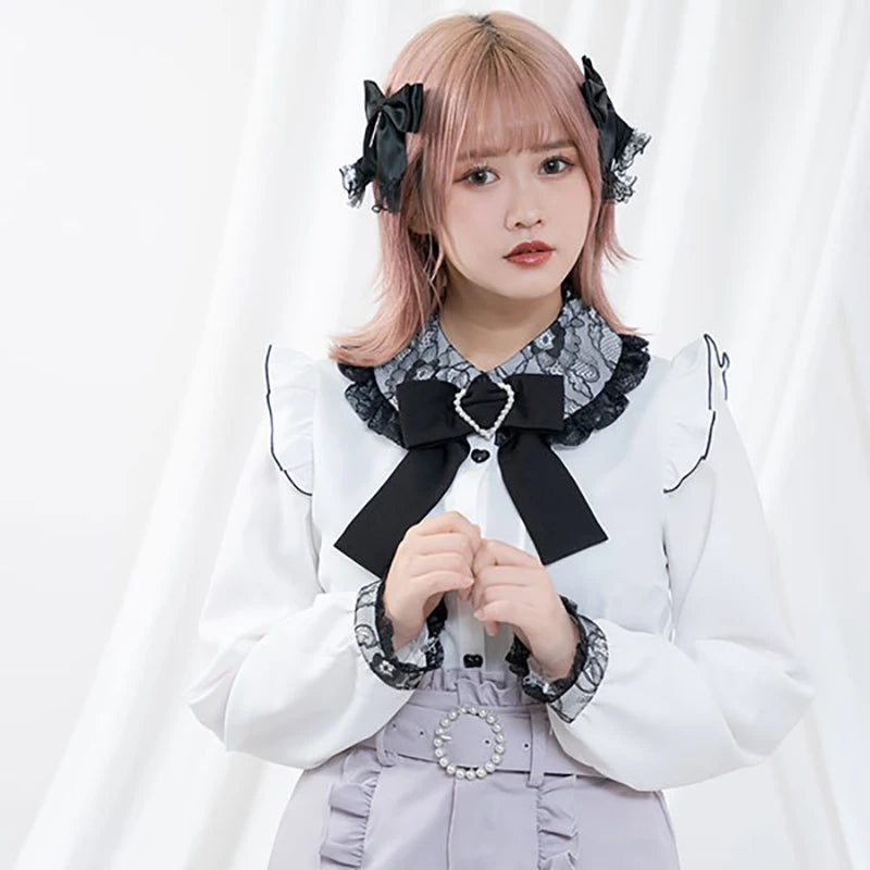Kawaii Jirai Kei Lolita Y2K Japanese Style Peter Pan Collar Blouse Long Sleeve Sweet Bow Casual Aesthetic Top