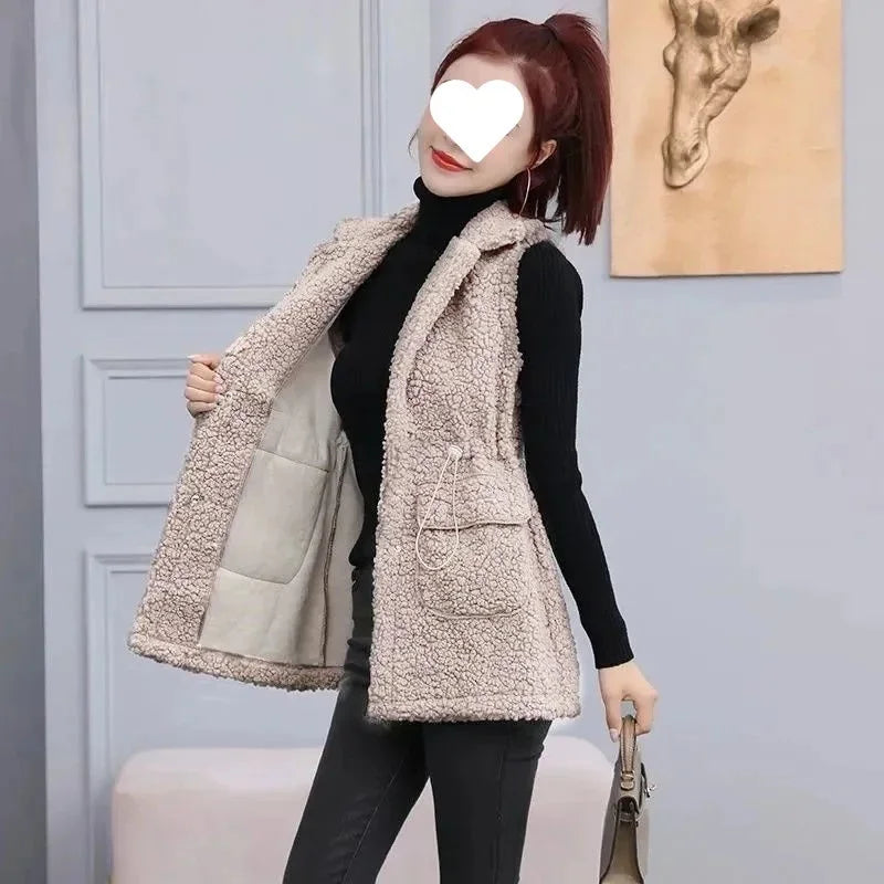 Women's Mid-Length Faux Sheepskin Vest - Faux Lambswool Fur Jacket with Integrated Shoulder Pads, Buttons & Pockets