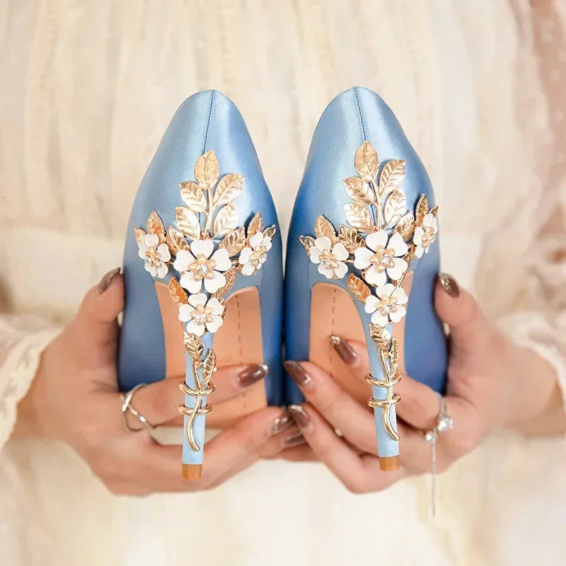 Women's Satin Pointed-Toe Stiletto Pumps with Metal Flower Detail — High Heel Wedding Shoes