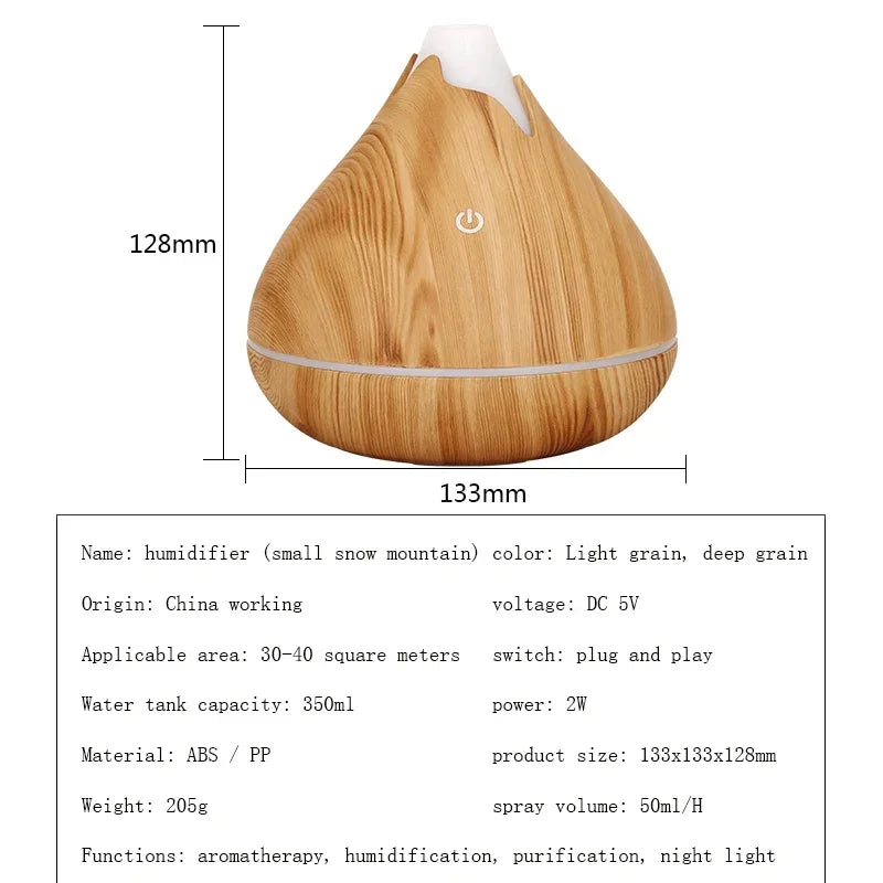 350ml (11.8 oz) Wood Grain Ultrasonic Essential Oil Diffuser & Humidifier, USB, Remote Control, 7-Color LED