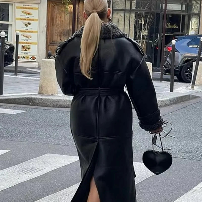 Women's Faux Fur Lined Faux Leather Long Coat – Lapel Belted Patchwork Winter Jacket