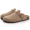 Women's Suede Mules with Cork Insole, Arch Support Slip-On Sandals with Adjustable Buckle – Casual Summer Slides