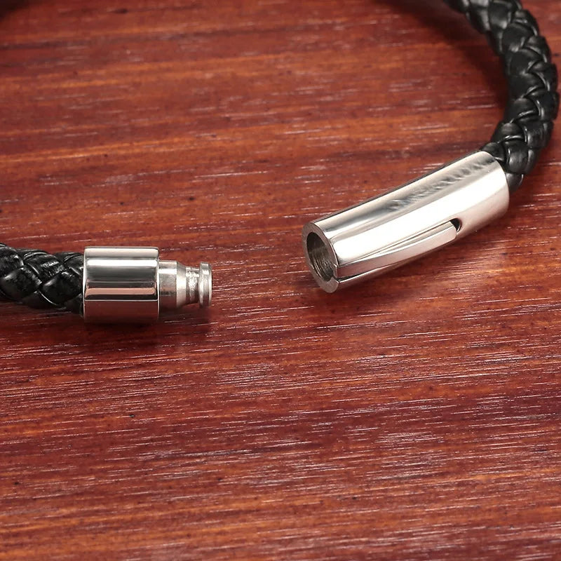 Unisex Braided PU Leather Bracelet with Stainless Steel Clasp - Trendy Geometric Bangle Gift for Men & Women