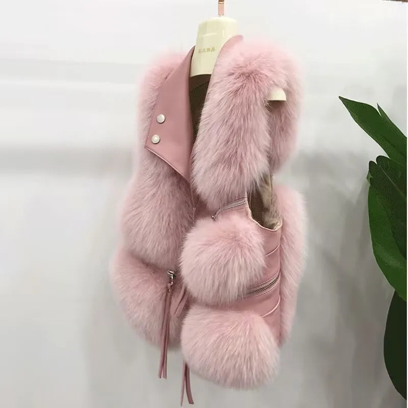 Women's Faux Fur Plush Vest – Sleeveless Zipper Waistcoat with PU Leather Trim, Cozy Autumn/Winter Outerwear