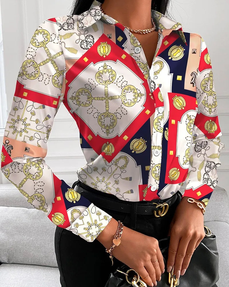 Women's Long Sleeve Turn-Down Collar Blouse - Square Print (Chain, Floral, Letter, Geometric)