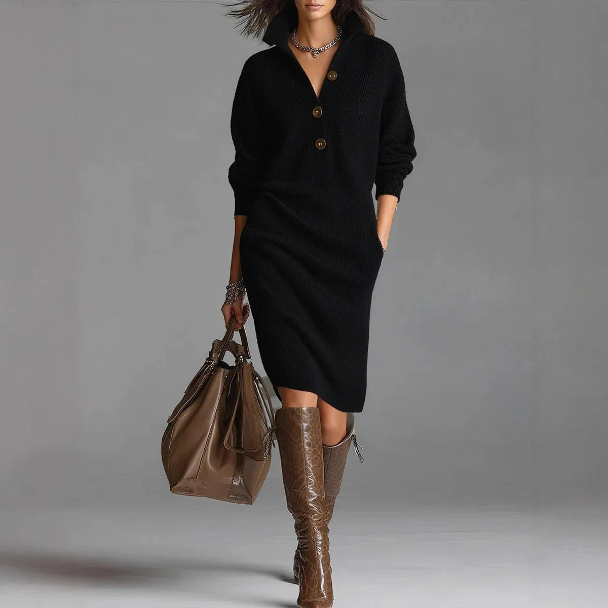 Women's V-Neck Button Lapel Knitted Sweater Dress — Knee-Length A-Line Casual (Spring/Autumn)