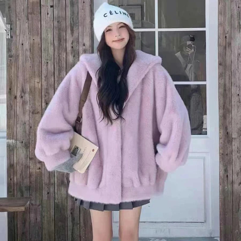 Women's Retro Short Faux Leather Fur Moto Biker Jacket with Zipper and Turn-Down Collar