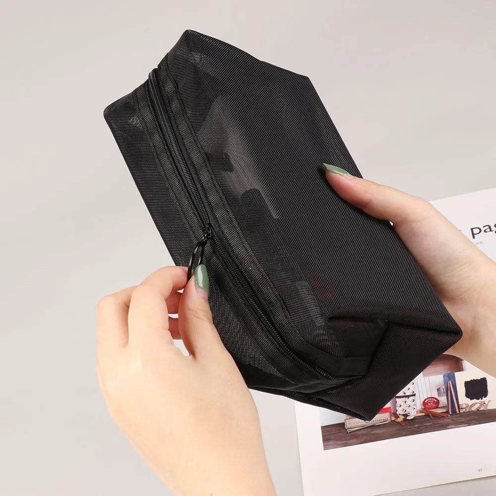 Black Mesh Travel Cosmetic Bag – Zipper Makeup & Toiletry Organizer for Women