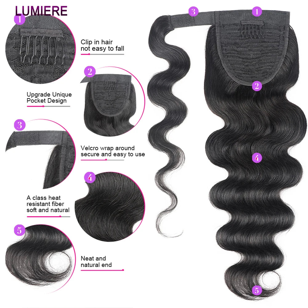 Body Wave Wrap-Around Ponytail Clip-In 100% Virgin Brazilian Human Hair Extensions Natural Black 120g