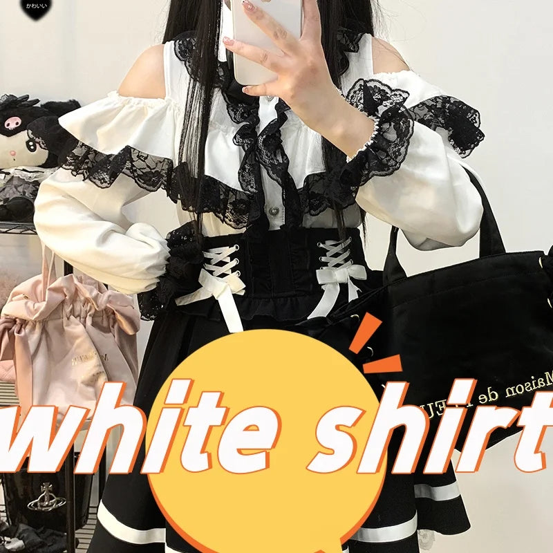 Kawaii Jirai Kei Lolita Y2K Japanese Style Peter Pan Collar Blouse Long Sleeve Sweet Bow Casual Aesthetic Top